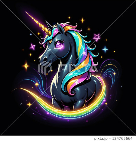Colorful unicorn with flowing mane and horn on dark background surrounded by stars and bright light trails exhibiting a magical and whimsical aura. 124765664
