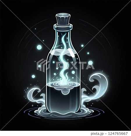 Clear glass bottle filled with water surrounded by steam and swirling mist on a dark background creating a mystical and enchanting atmosphere. 124765667