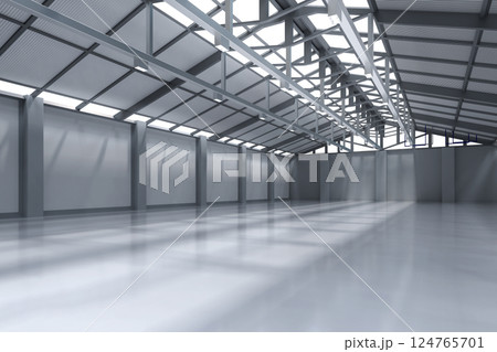 Interior empty factory with pendant lamps 124765701