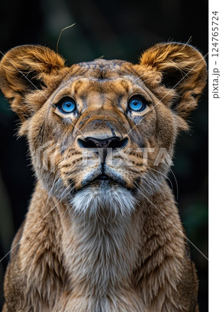 Close-up photo of a blue eyed lioness. The blue-eyed lioness watches intently, embodying the fierce beauty and majestic spirit of the untamed wilderness. Close-up photo of a blue eyed lioness. The blue-eyed lioness watches intently, embodying the fierce beauty and majestic spirit of the untamed wilderness. 124765724