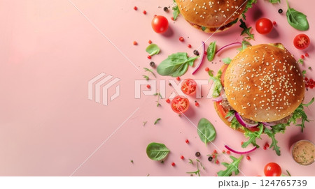 Flat lay burger beef meat bun bread with tomato and lettuce sandwich fast food copy space isolated 124765739