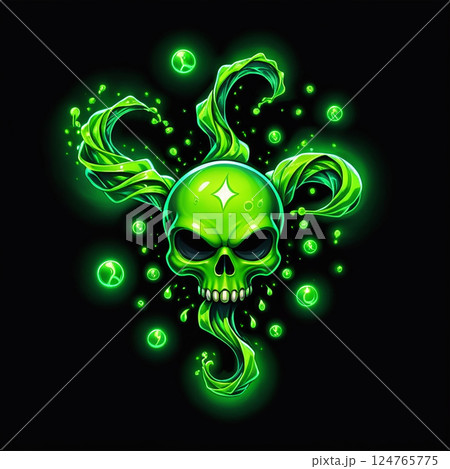 Glowing green skull with swirling toxic smoke and vibrant energy orbs on a black background, creating a striking and ominous visual representation of danger and mystery. 124765775