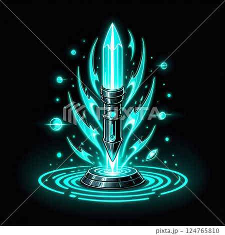 Glowing blue sword emerging from a circular pedestal with water ripples, surrounded by vibrant energy and cosmic elements, set against a dark background. 124765810