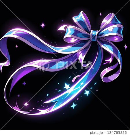 Bright purple ribbon bow with sparkling accents on a black background, featuring flowing ends and stars surrounding it, perfect for festive occasions and gift decorations. 124765826