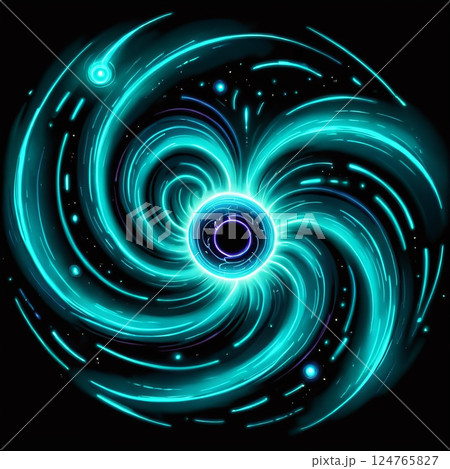 Vibrant swirl of neon blue light with a dark background creating a cosmic or astrophysical effect, resembling galaxies, energy, or fluid motion in a digital art style. 124765827