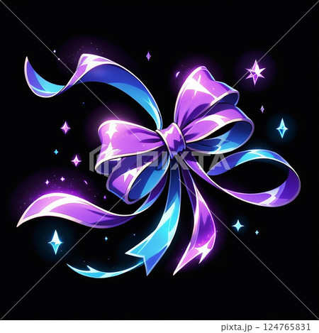 Bright and colorful ribbon bow with shimmering sparkles and stars, designed against a black background, ideal for festive decorations and celebrations. 124765831