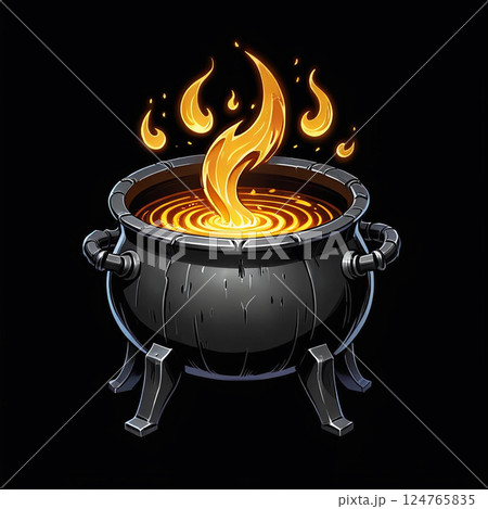 A black cauldron with vibrant orange flame swirling inside against a dark background, ideal for creating an enchanting or mystical atmosphere in artwork or design. 124765835