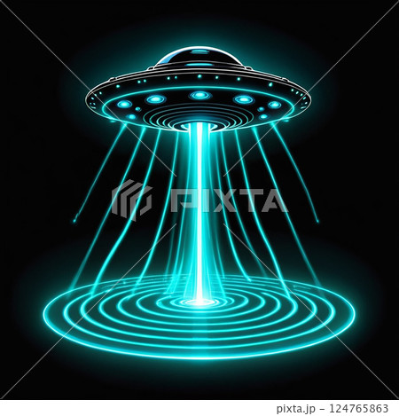Futuristic UFO emitting blue beams of light with a circular glowing pattern radiating outward against a dark background in a sci-fi and alien-themed setting. Futuristic UFO emitting blue beams of light with a circular glowing pattern radiating outward against a dark background in a sci-fi and alien-themed setting. 124765863