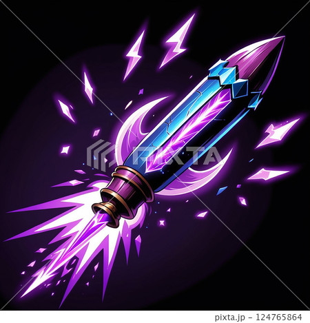 Glowing energy sword with purple and blue accents emitting sparks and lightning on a dark background, vibrant and dynamic design emphasizing magical elements and fantasy themes. 124765864