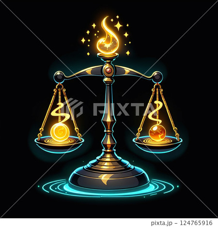 Glowing balance scale with golden orbs and whimsical designs illuminated by magical sparkles against a dark backdrop, emphasizing harmony and equilibrium in a mystical setting. 124765916