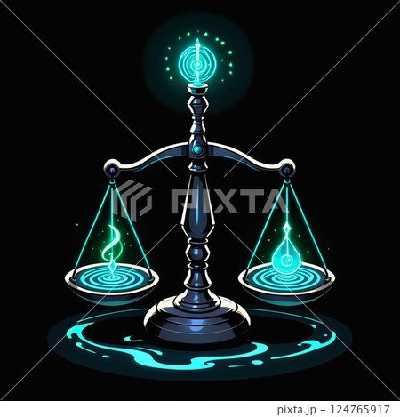 Balancing scale with glowing elements and mystical energy against a dark background representing justice, equilibrium, and cosmic balance, artfully designed in a modern digital style. 124765917
