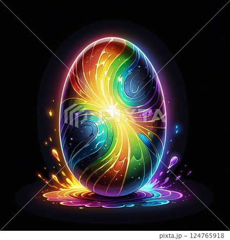 Colorful swirling egg design with vibrant rainbow hues glowing against a dark background creating a mesmerizing and enchanting visual effect with splashes of light. 124765918