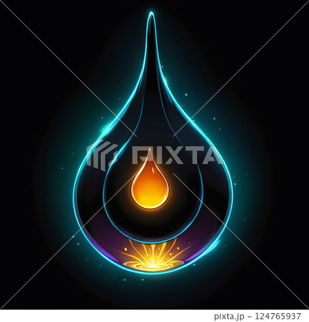 Glowing droplet-shaped design with bright orange center against dark background, emitting radiant light effects in a mystical and artistic style. 124765937