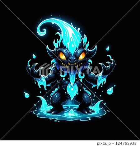 Glowing fantasy creature with blue flame-like hair standing in water against a black background, showcasing intricate designs and vibrant colors that emphasize its mystical nature. 124765938