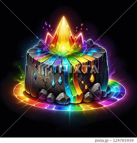 Glowing colorful crystal emerging from a dark, jagged rock with vibrant rainbow streams of light cascading down, surrounded by a magical aura in an enchanting digital art style. 124765939