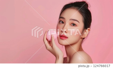 Young female applying sponge foundation for beauty fashion style isolated background 124766017