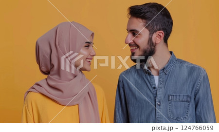 A couple young female and man feel happy together romantic communication isolated blue background 124766059