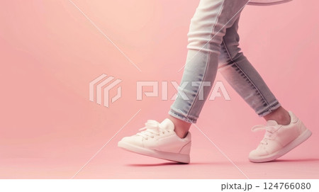 Foot step walking wearing sneakers isolated background 124766080