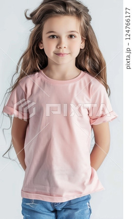 Little girl wearing pink blank white t shirt mockup for print image portrait isolated 124766177