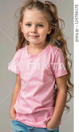 Little girl wearing pink blank white t shirt mockup for print image portrait isolated 124766178