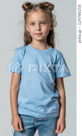 Little girl wearing blue blank green t shirt mockup for print image portrait isolated 124766258