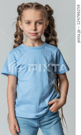 Little girl wearing blue blank green t shirt mockup for print image portrait isolated 124766259