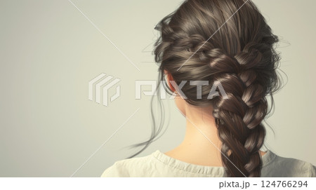 Young woman long black hair braided, beauty hair style, back of view isolated background Young woman long black hair braided, beauty hair style, back of view isolated background 124766294
