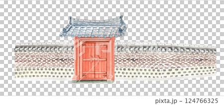 Asian style gate with stone walls, watercolor illustration. Hand drawn design element perfect for cards, landscape design, border, stickers, banners, wallpaper. Traditional architecture. Tiled roof 124766325