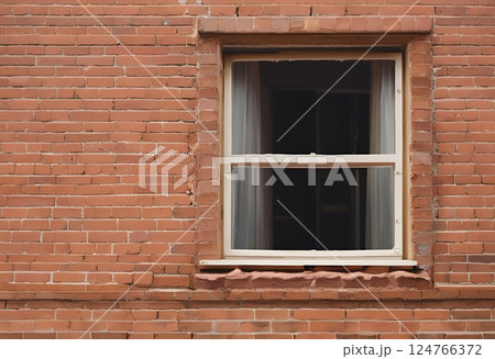 Red brick building with windows enclosed by iron bars.AI Generated 124766372