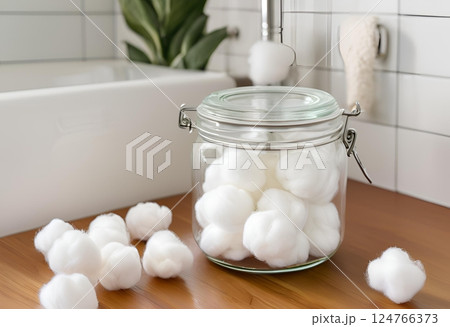 Clean cotton balls packed in a transparent glass bottle.AI Generated 124766373