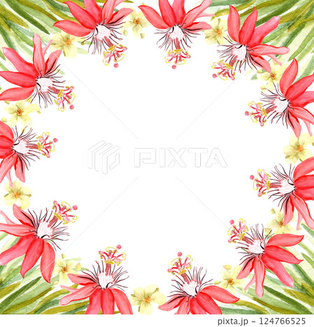 Red passion flower, palm leaves watercolor frame isolated on white. Hand drawn rainforest nature clipart, sketch style. Round frame perfect for cards, botanical prints, posters design. Exotic plant Red passion flower, palm leaves watercolor frame isolated on white. Hand drawn rainforest nature clipart, sketch style. Round frame perfect for cards, botanical prints, posters design. Exotic plant 124766525