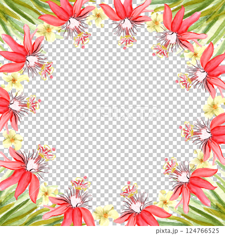 Red passion flower, palm leaves watercolor frame isolated on white. Hand drawn rainforest nature clipart, sketch style. Round frame perfect for cards, botanical prints, posters design. Exotic plant Red passion flower, palm leaves watercolor frame isolated on white. Hand drawn rainforest nature clipart, sketch style. Round frame perfect for cards, botanical prints, posters design. Exotic plant 124766525