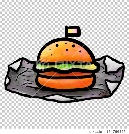 Cartoon hamburger on crumpled paper, bold black outline color doodle illustration Cartoon hamburger on crumpled paper, bold black outline color doodle illustration 124766565