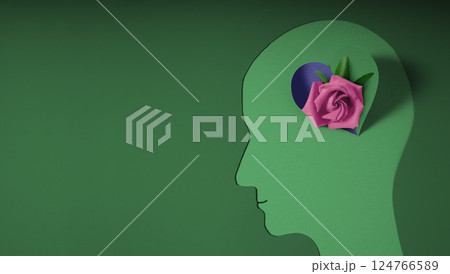 Mental Health Awareness Month Concept. Self Care, Positive Thinking, Happy and Optimistic Mind. Paper cut as a Head with a Rose Flowers on Brain Mental Health Awareness Month Concept. Self Care, Positive Thinking, Happy and Optimistic Mind. Paper cut as a Head with a Rose Flowers on Brain 124766589