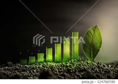 Sustainable Business. Green Energy, Renewable in Environmental Concept. a Green Bar Chart Glowth on Dark Soil and a Green Leaf as a Goal 124766590
