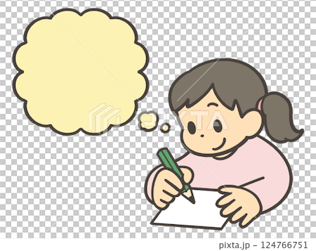 考えながら紙に書く子供 124766751