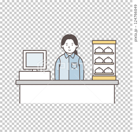 便利商店女店員站在收銀台的插圖 124766849