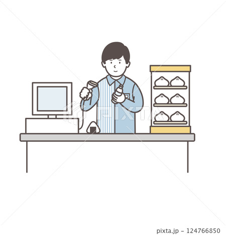 レジで働く男性コンビニ店員のイラスト 124766850
