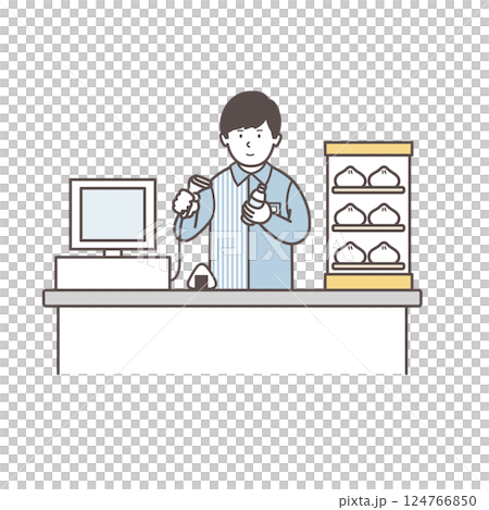 レジで働く男性コンビニ店員のイラスト 124766850