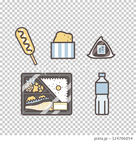 Convenience store and supermarket products: bento, rice balls, drinks, chicken, frankfurters 124766854