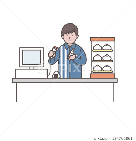 レジで働く男性コンビニ店員のイラスト レジで働く男性コンビニ店員のイラスト 124766861