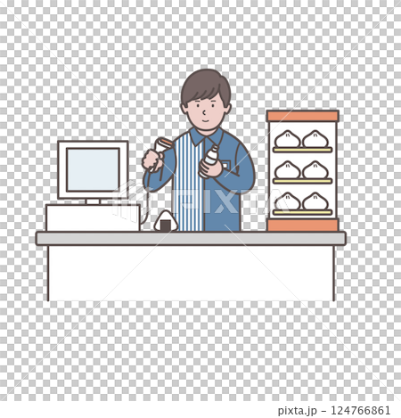 便利商店男店員在收銀台工作的插圖 124766861