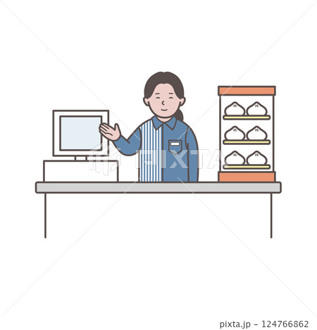 レジで働く女性コンビニ店員のイラスト レジで働く女性コンビニ店員のイラスト 124766862