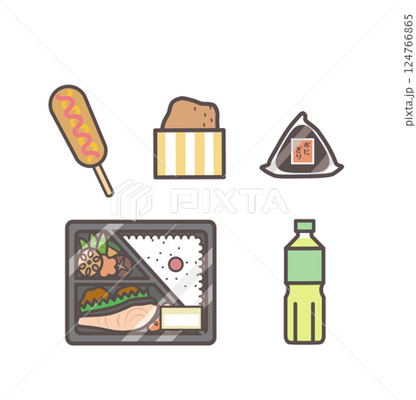 コンビニ・スーパーの商品 お弁当、おにぎり、飲み物、チキン、フランクフルト 124766865