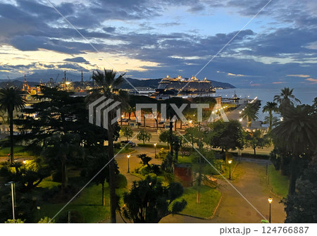 Cruise ship sails into port at dawn in La Spezia, Italy. Vacation and tourism. Vacation and travel by sea.  124766887
