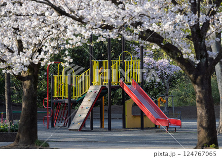 桜の咲く公園の赤いすべり台 桜の咲く公園の赤いすべり台 124767065