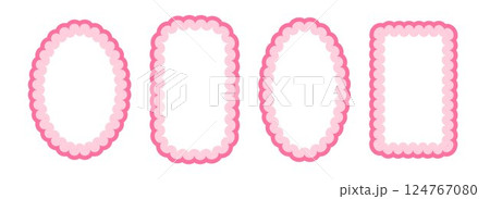 Cute frill pattern frame set. Pink scalloped ellipse and rectangle border collection. Soft wavy lace edge shape in rococo style for decoration, poster, banner. Girly coquette element pack. Vector 124767080