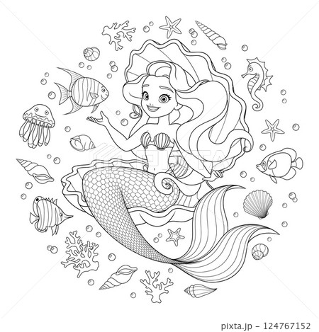 Beautiful mermaid in a seashell surrounded with fishes, corals and shells. Vector coloring page. 124767152