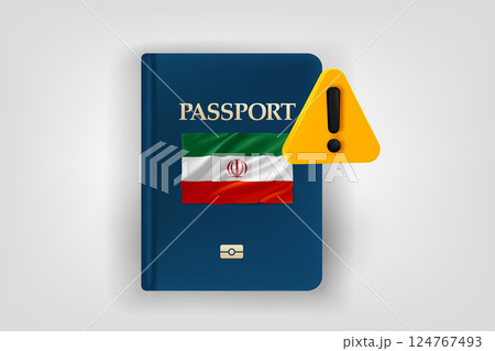 Passport with flag of Iran and exclamaion sign. Low energy concept. Vector 3d illustration Passport with flag of Iran and exclamaion sign. Low energy concept. Vector 3d illustration 124767493