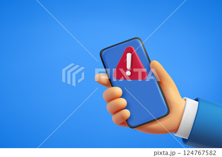 Man holding smartphone with attention sign. 3d vector banner with copy space Man holding smartphone with attention sign. 3d vector banner with copy space 124767582